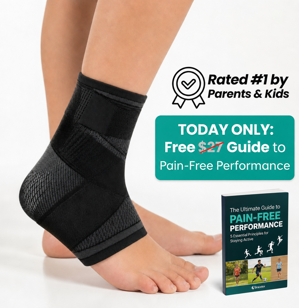 Ankle brace on a foot with a promotional banner for a free guide to pain-free performance.