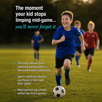 Child playing soccer on a field with promotional text overlay.