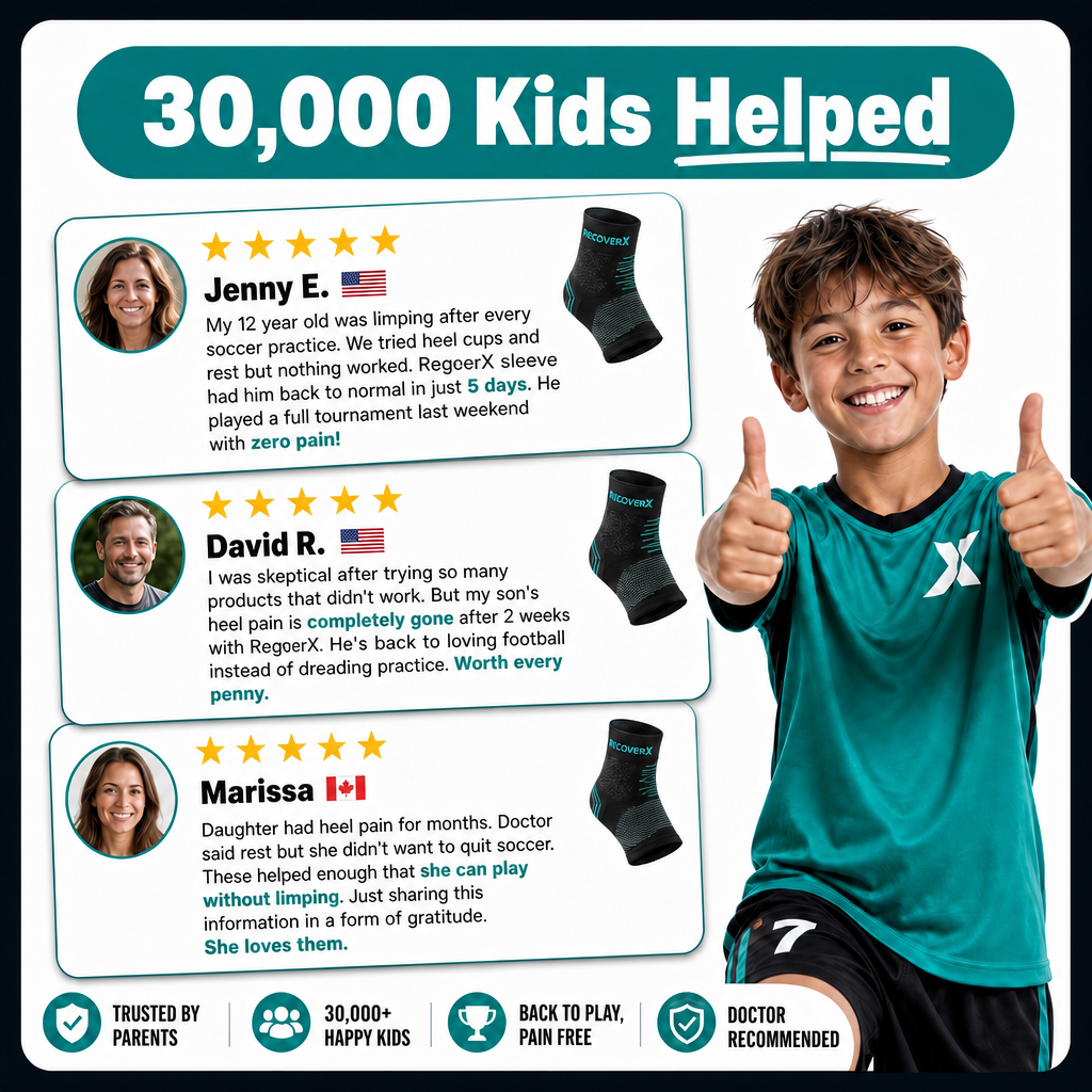 Promotional graphic for a product that has helped 30,000 kids, featuring a child giving a thumbs up and testimonials from parents.