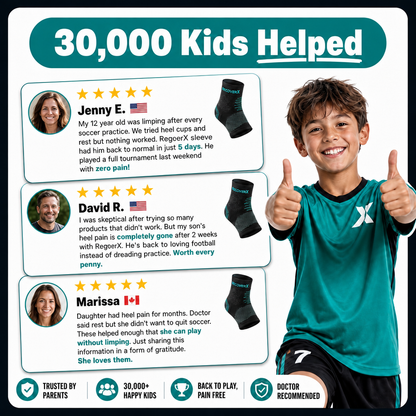 Promotional graphic for a product that has helped 30,000 kids, featuring a child giving a thumbs up and testimonials from parents.