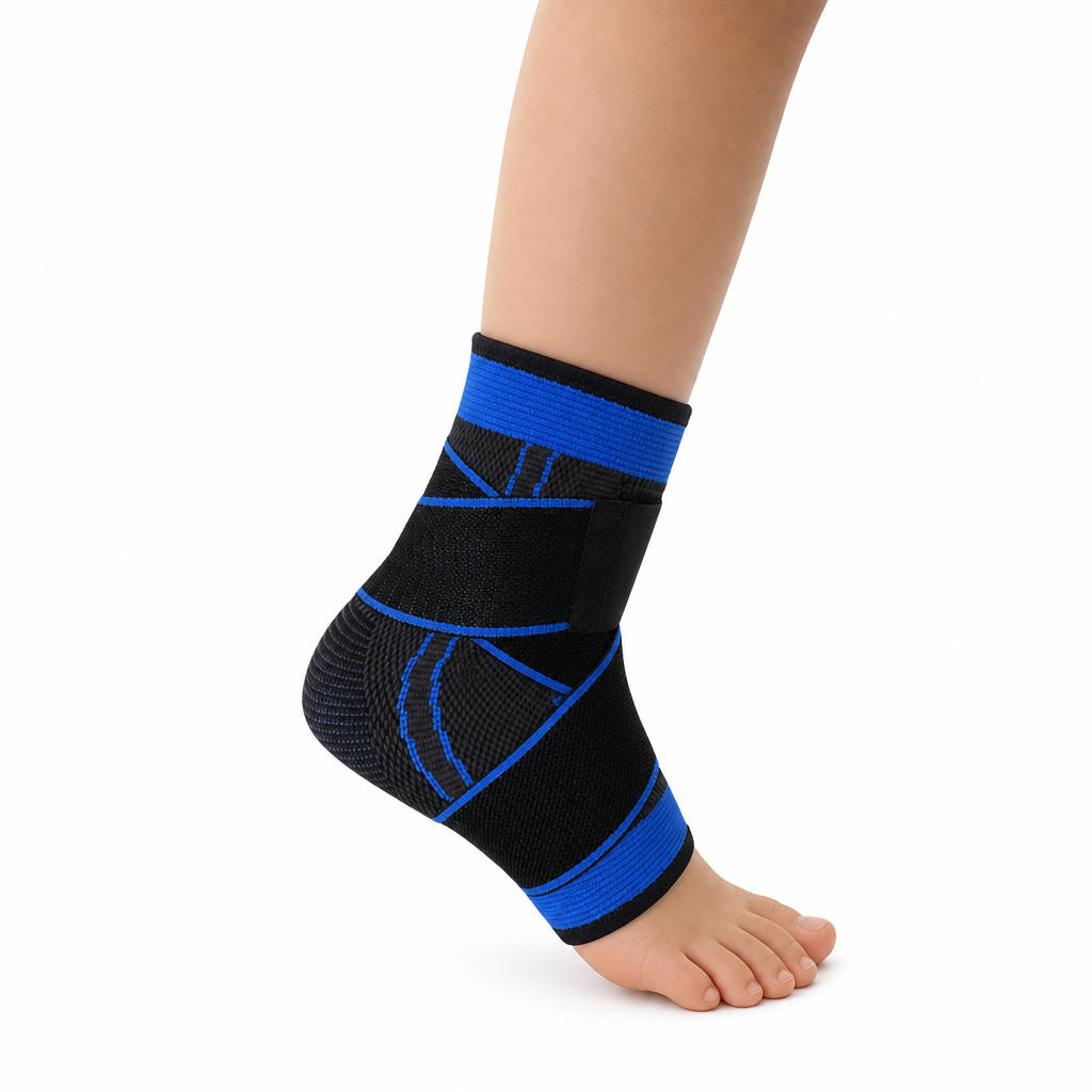 Black and blue ankle support brace on a white background