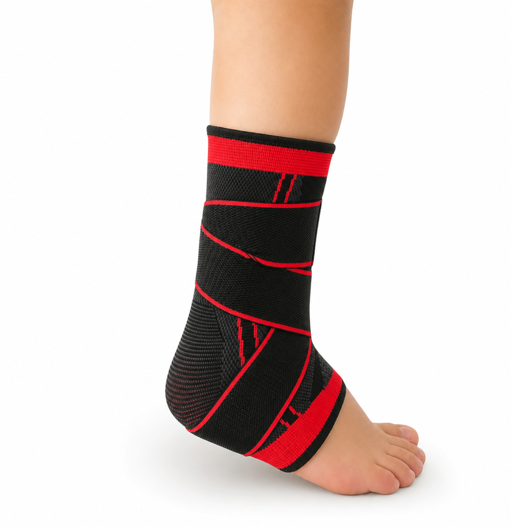 Black and red ankle support brace on a white background
