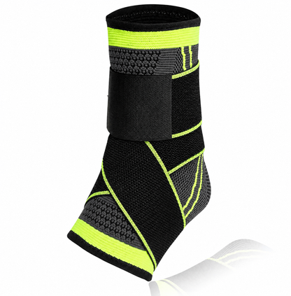 Black and green ankle support brace on a white background